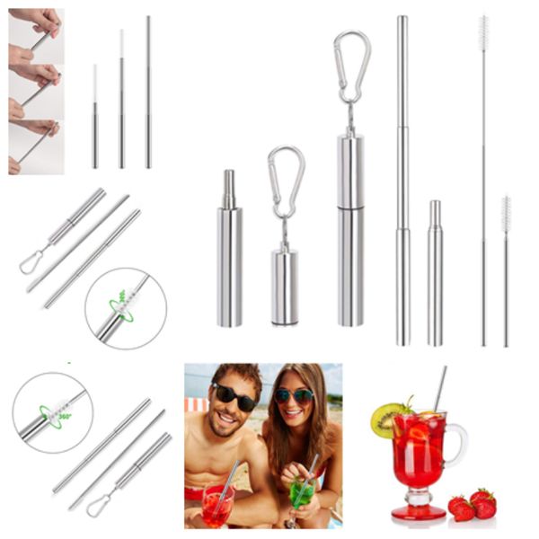 

portable reusable straw folding drinking straws stainless steel metal straw telescopic straws with aluminum case & cleaning brush t2i5267
