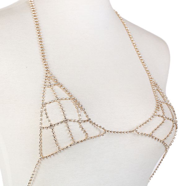 Sıcak popüler trendy süper ışıltılı parlak güzel rhinestone kristal altın hollow moda sütyen vücut zincir takı