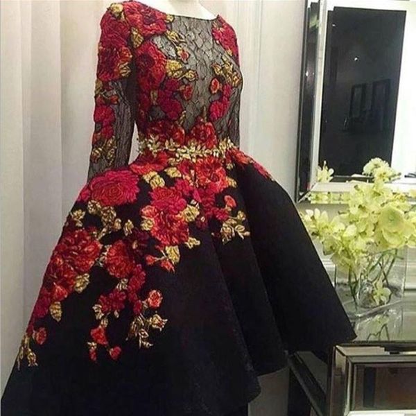 

2019 black short prom dresses jewel neck a line appliqued long sleeve cocktail party dress fomal gowns custom illusion evening dress