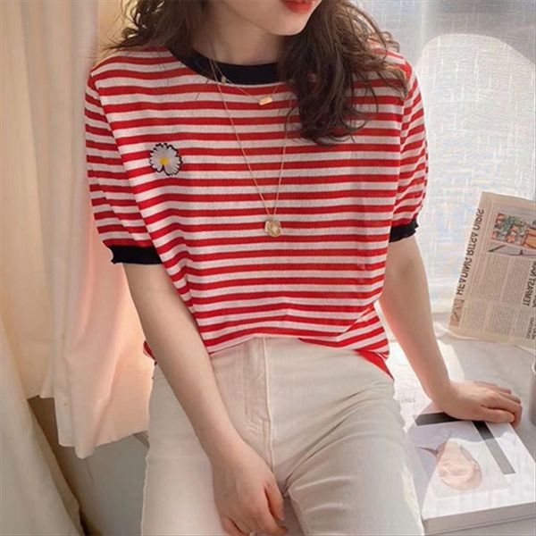 

2020 daisy short-sleeved t-shirt striped embroidery ice silk loose all-match thin 2020 daisy short-sleeved t-shirt women's striped embr, White