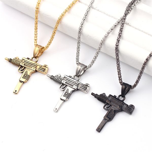 

charm pistol uzi gun shaped pendant punk gun army style male chain necklace for men corrente masculina jewelry gifts, Silver