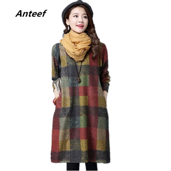 

длинный рукав хлопок шерстяной плюс старинного размера женщин случайной свободного миди осень зима платье элегантная одежда 2019 дамы платья, Black;gray