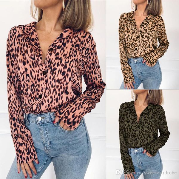 

2019 spring and autumn new women's v-neck casual leopard print chiffon button shirt long sleeve, White