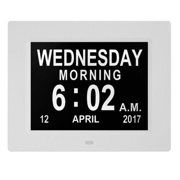 

clock calendar with date day hour 8 inch led large alarm for elderly / alzheimer and children - white european plug