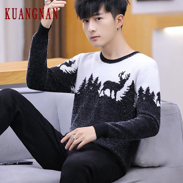 

kuangnan deer print christmas sweater men coat pullover men sweater winter mens sweaters for 2019 autumn man pull clothes xxl, White;black