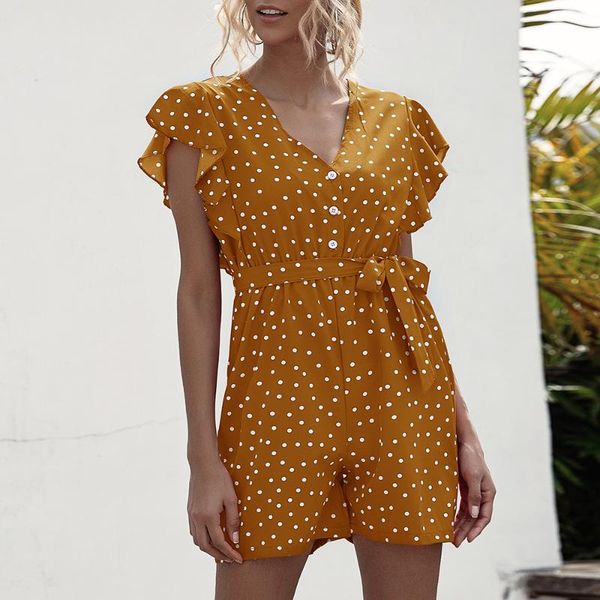 

summer women bohemian casual dot print jumpsuit ladies baggy high waist lotus leaf sleeve jumpsuit short sleeve v-neck playsuit, Black;white
