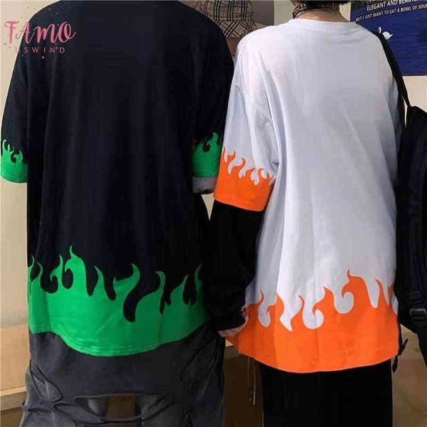 

harajuku flame print t shirt fake v neck 2 pieces patchwork casual long sleeve t shirt women and men streetwear, White
