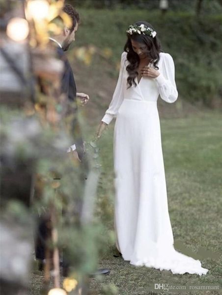 

simple bohemian country wedding dresses v-neck backless long sleeve beach plus size wedding dress vestido de novia cheap, White