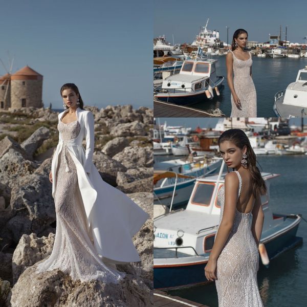 Lian Rokman Abiti da sposa a sirena con giacca lunga 2020 Appliques in pizzo Sweep Train Abito da sposa da spiaggia Abiti da sposa occidentali su misura