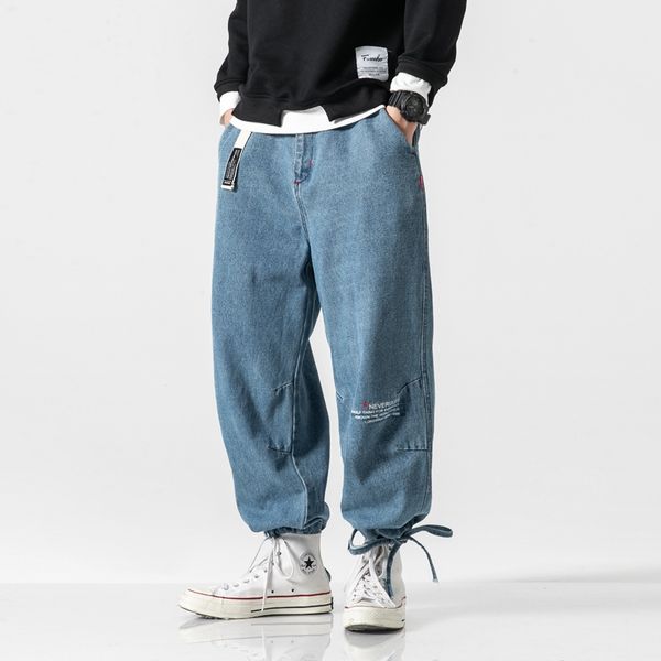

men's jeans loose drawstring wide leg pants high street tide brand hip hop straight jeans, Blue