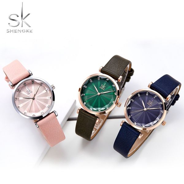 

shengke ladies dress watches luxury diamond women's watch leather wrist watches gift for wife montre femme girls hour sale, Slivery;brown