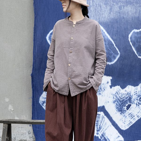 

johnature women vintage gray shirts spring blouses stand long sleeve 2020 new button patchwork female women shirts and, White