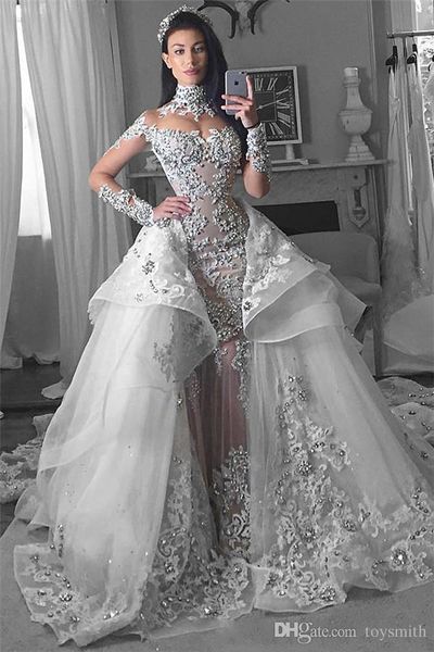 

glamorous long sleeves tulle high neck 2019 wedding gowns appliques bridal gowns with detachable train vestido casamento, White