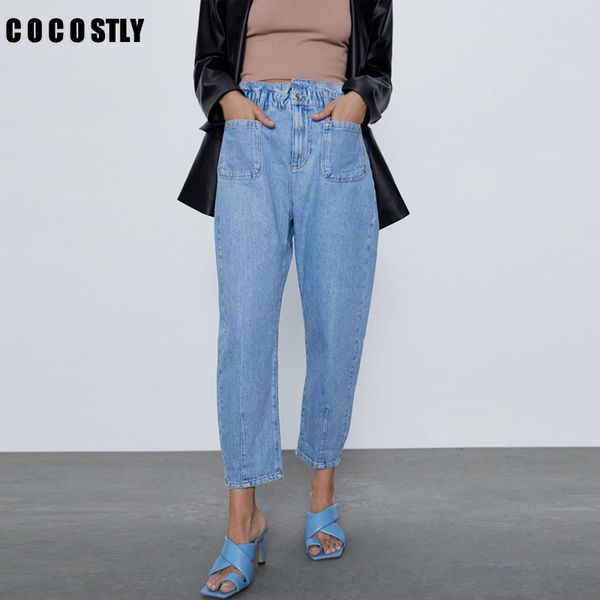 

2020 autumn women vintage blue mom denim pants solid casual loose boyfriend elastic high waist jeans trousers pantalones mujer