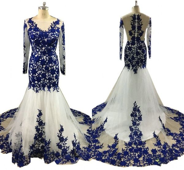 Белый Royal Blue Lace Русалка Вечерние платья Формальные Элегантный Длинные рукава Бато Hollow Назад Pageant платье Vestidos De Festia Дешевые