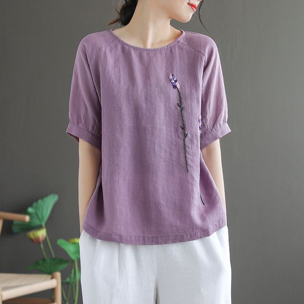 

women's t-shirt johnature summer solid color o-neck short sleeve retro embroidery 2021 cotton linen comfortable all-match women, White