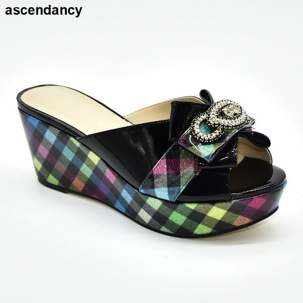 

women high heel shoes wedge heels slippers for ladies pu sole shoes diamonds white to wedges for women italian pumps, Black
