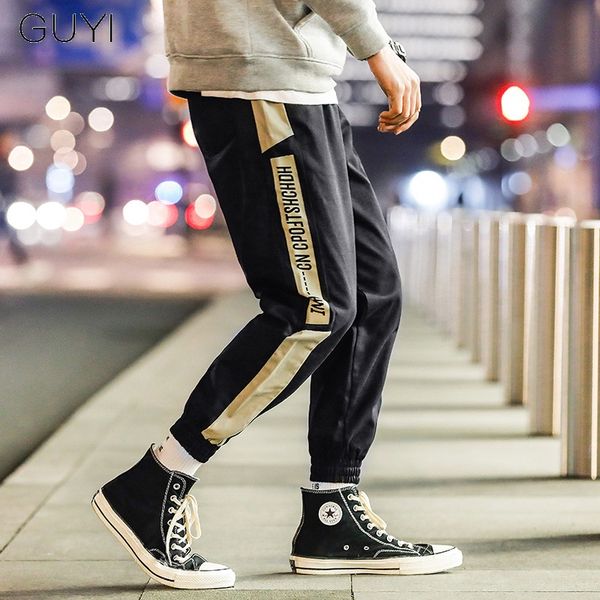 

letter casual hip hop joggers cargo pants for men block hit color pocket track pants male trousers ribbon sweatpants streetwear, Black