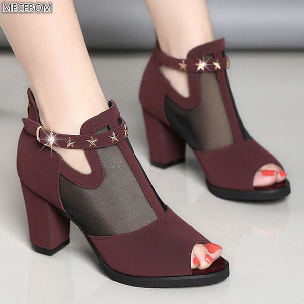 

женщины насосы высокого толстые черные каблуки женская обувь rivet mesh zipper open toe casual свадьба платформа коренастый сандал 129w t200, Black