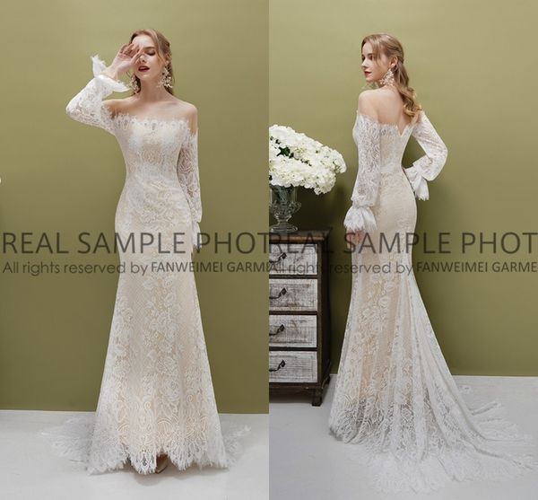 

урожай с плеча платье пляжа венчания mermaid 2020 real pictures sexy full lace bohemian плюс размер страна свадебное платье, White