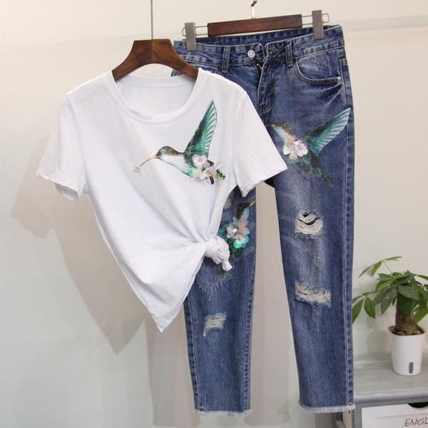 

2020 nail drill bird print t-shirt + hole seven minutes jeans two sets, Blue