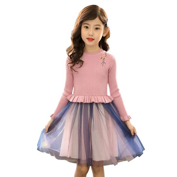 

girls autumn sweater dress embroidered princess dress long-sleeved children's knitted sweater lace ruffle mesh, Blue