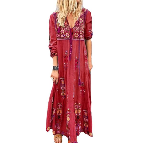 

new ladies dress positioning print long-sleeved loose dress spring summer deep v-neck long bohemian beach dresses, Black;gray
