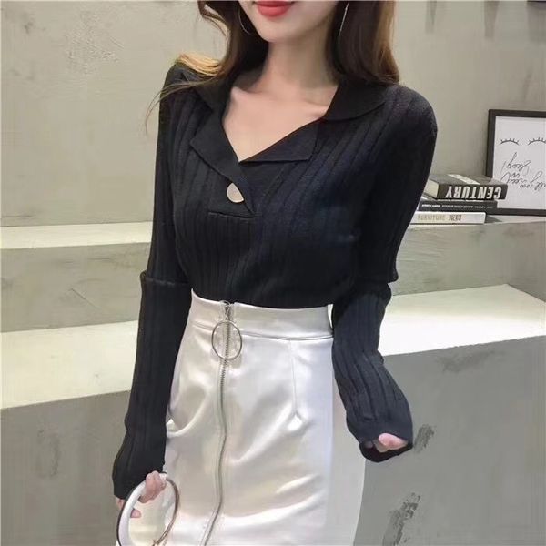 

autumn winter new korean version of the lapel button v-neck knit bottoming shirt long-sleeved wild color sweater women knitted sweat, White;black