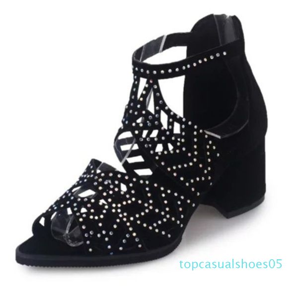 

new women's hollow out rhinestones fish mouth sandals ladies back zipper thick heel peep toe shoes t05, Black