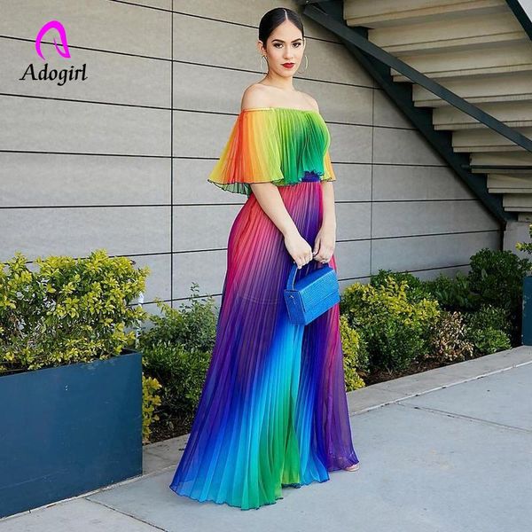 

off shoulder rainbow color elegant women dress chiffon summer maxi dress a-line floor length femme pleated 2019 vestidos, Black;gray