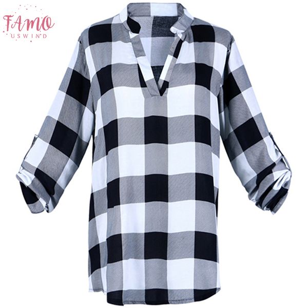 

fashion summer women blouse long sleeve shirt shirts plus size 4xl 5xl grid printed armbands loose tee blusas feminina, White