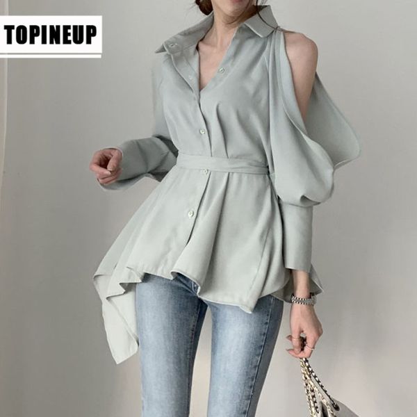 

womens elegant solid color lantern sleeve strapless irregular women's shirt, White
