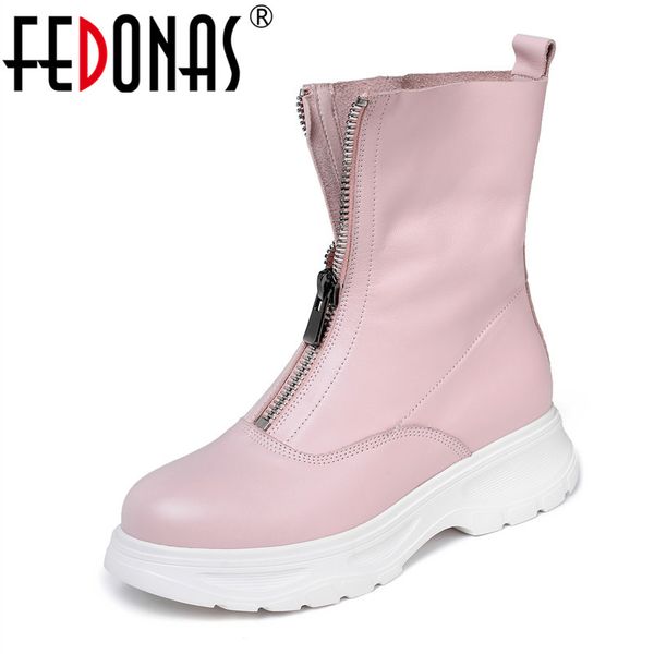 

fedonas sweet quality women new zipper ankel boots platforms shoes woman genuine leather high heels short boots winter plus size, Black