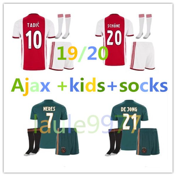 

19 20 ajax kids kits soccer jersey red 19 20 van de beek uniforms shirt boys away football jersey huntelaar ziyech schone home de jong, Black;yellow