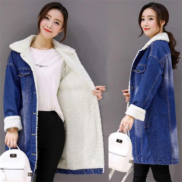 

autumn winter female warm jacket new 2019 women lambswool jean coat long sleeves warm jeans coat long outwear wide denim jacket, Black;brown