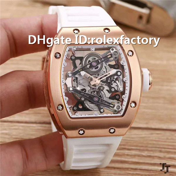 

2019 luxury 038 watch tourbillon skeleton automatic sapphire crystal rose gold case rubber strap transparent case back mens watch, Slivery;brown