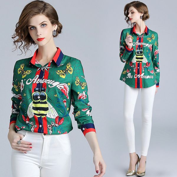 

Высокого качество дешевых женщин пчелы бабочка печати воротник рубашки Тонкий Top