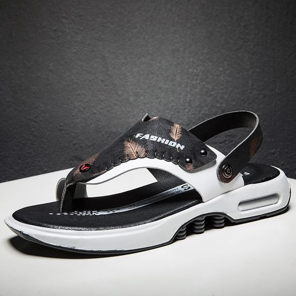 

casoipra new summer sandals men leather beach shoes comfortable mens flip flops 2020 gladiator roman slides men open toe slipper, Black
