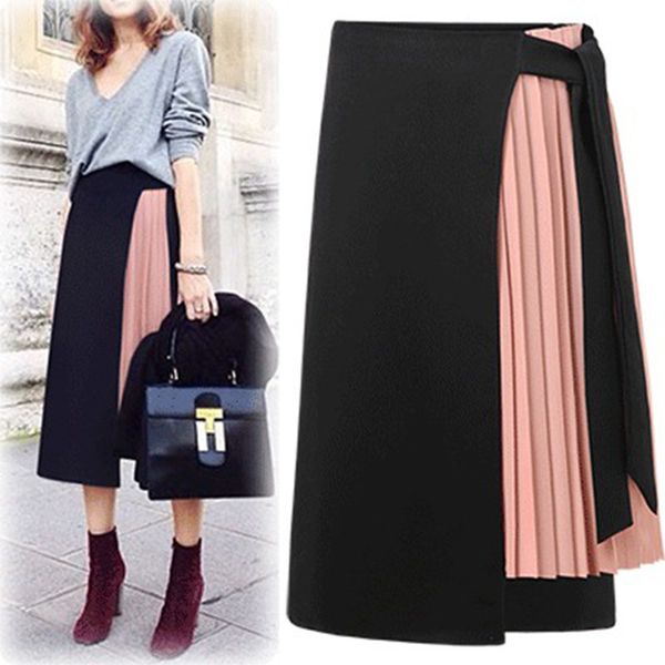 

european and american chiffon stitching lace up skirt fake two high waist pleated side slit skirt, Black