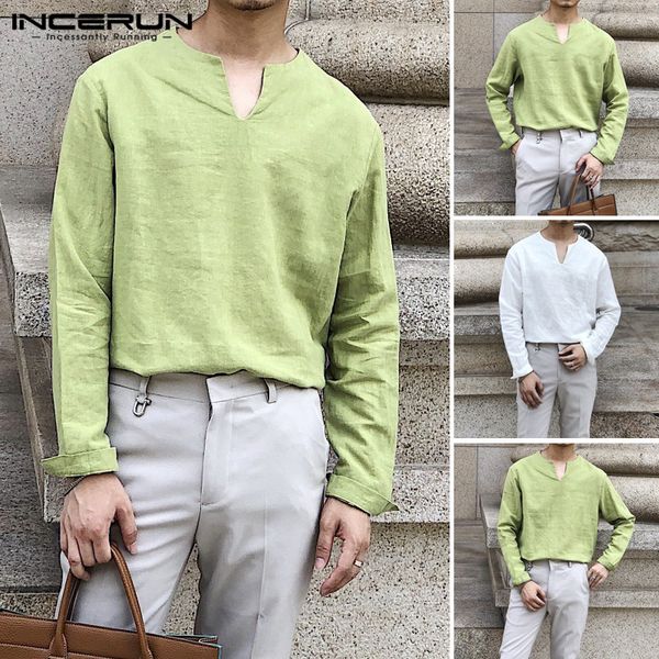 

incerun mens casual shirts long sleeve green luxury party business fashion henley cotton loose v neck vintage stage blouse, White;black