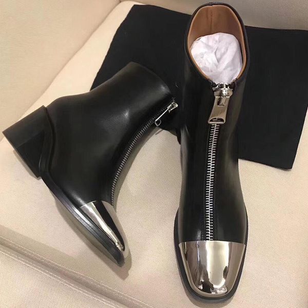 

square toe front zip botines mujer 2018 new women shoes chunky high heels ankle boots for women real leather, Black