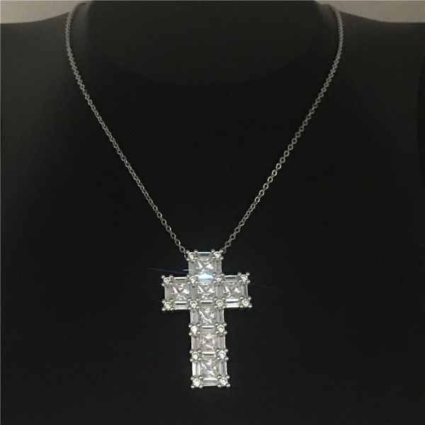 Vecalon Handmade cruz pingente de prata esterlina 925 de casamento do diamante pingentes com colar por Mulheres Jóias nupcial presente