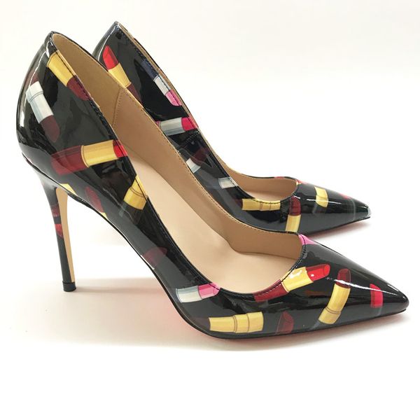 

2020 wedding lady women multicolor lipstick graffiti patent leather poined toes high heeled heels stiletto shoes designer pumps 12cm 10cm, Black