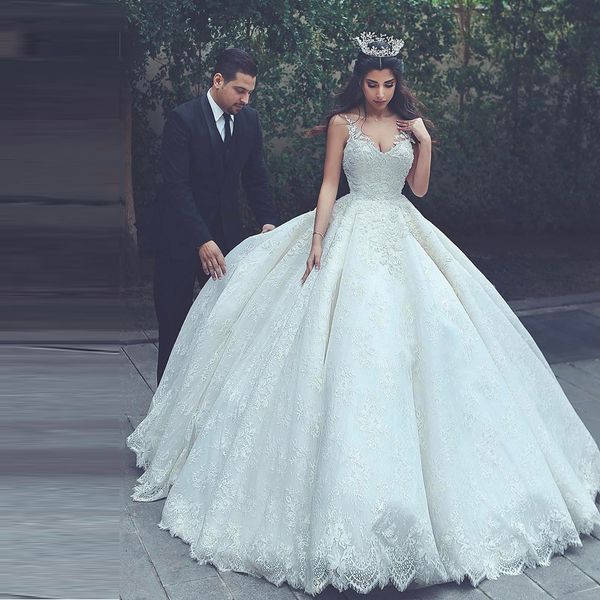 

vintage muslim long ball gown wedding dresses sweep train lace up back sleeveless v-neck bridal gowns custom made for women, White