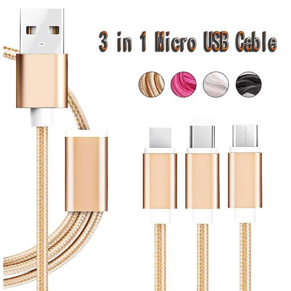 

3 in 1 nylon braided micro u b cable type c charging cable 1 2m for am ung 8 plu with opp packing