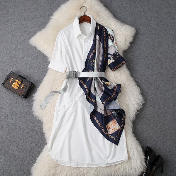 

summer dress women 2019 new turn down collar single breasted short sleeved slim belted patchwork print scarf shirt dress female, Black;gray