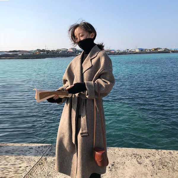 

womens winter lapel wool coat trench jacket long sleeve overcoat outwear korea style streetwear ins fashion plaide belt coat, Black