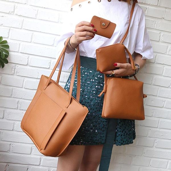 

2020 soild color 4 pcs/set women faux leather cross body shoulder bag handbag card holder clutch