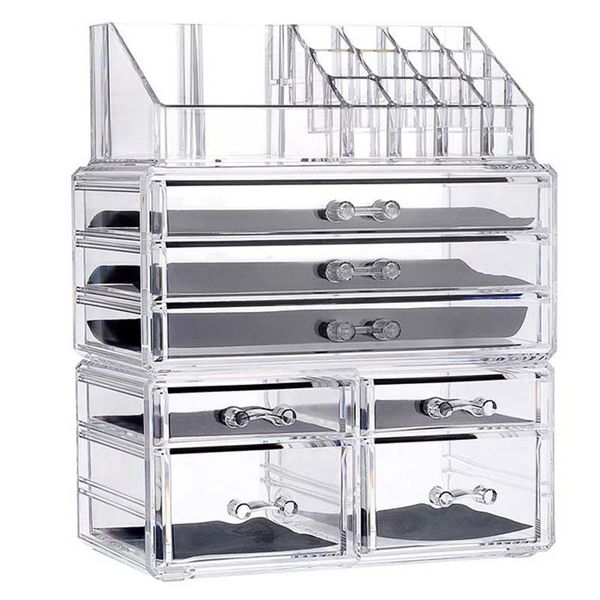 2019 New Clear Acrylic Makeup Organizer Large Capacity Storage Box Lipstick Holder Drawers Make Up Organizer Cosmetic Tool Brush Case From