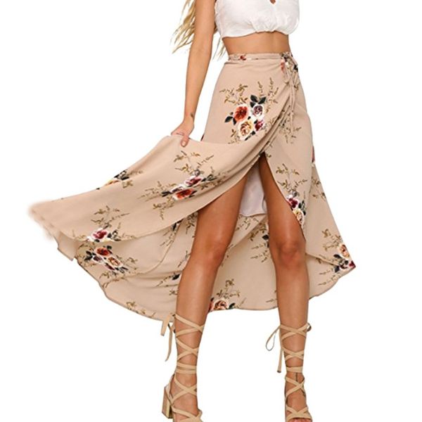

summer irregular hem boho floral print women skirts sweet beach open half skirts maxi, Black